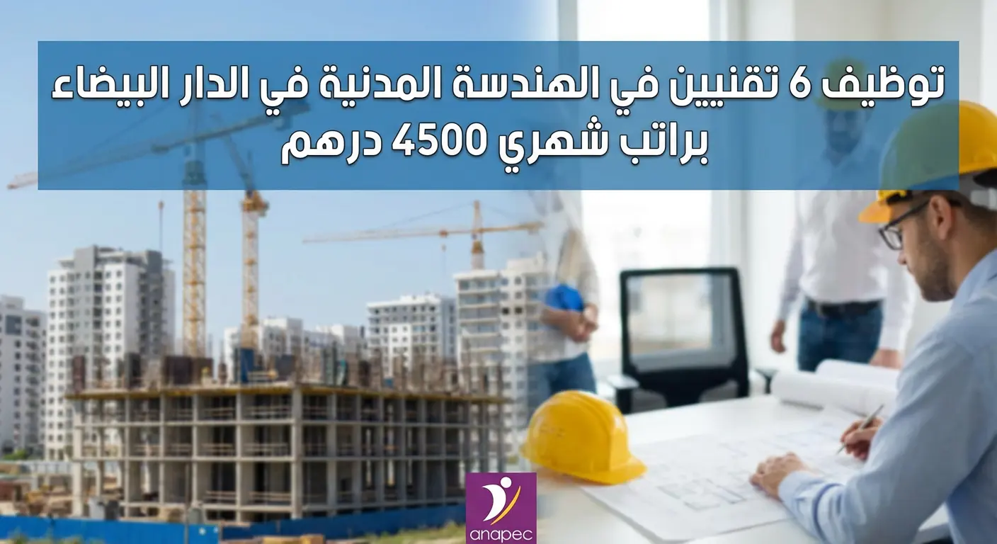 أنابيك: توظيف 6 تقنيين في الهندسة المدنية في الدار البيضاء براتب شهري 4500 درهم