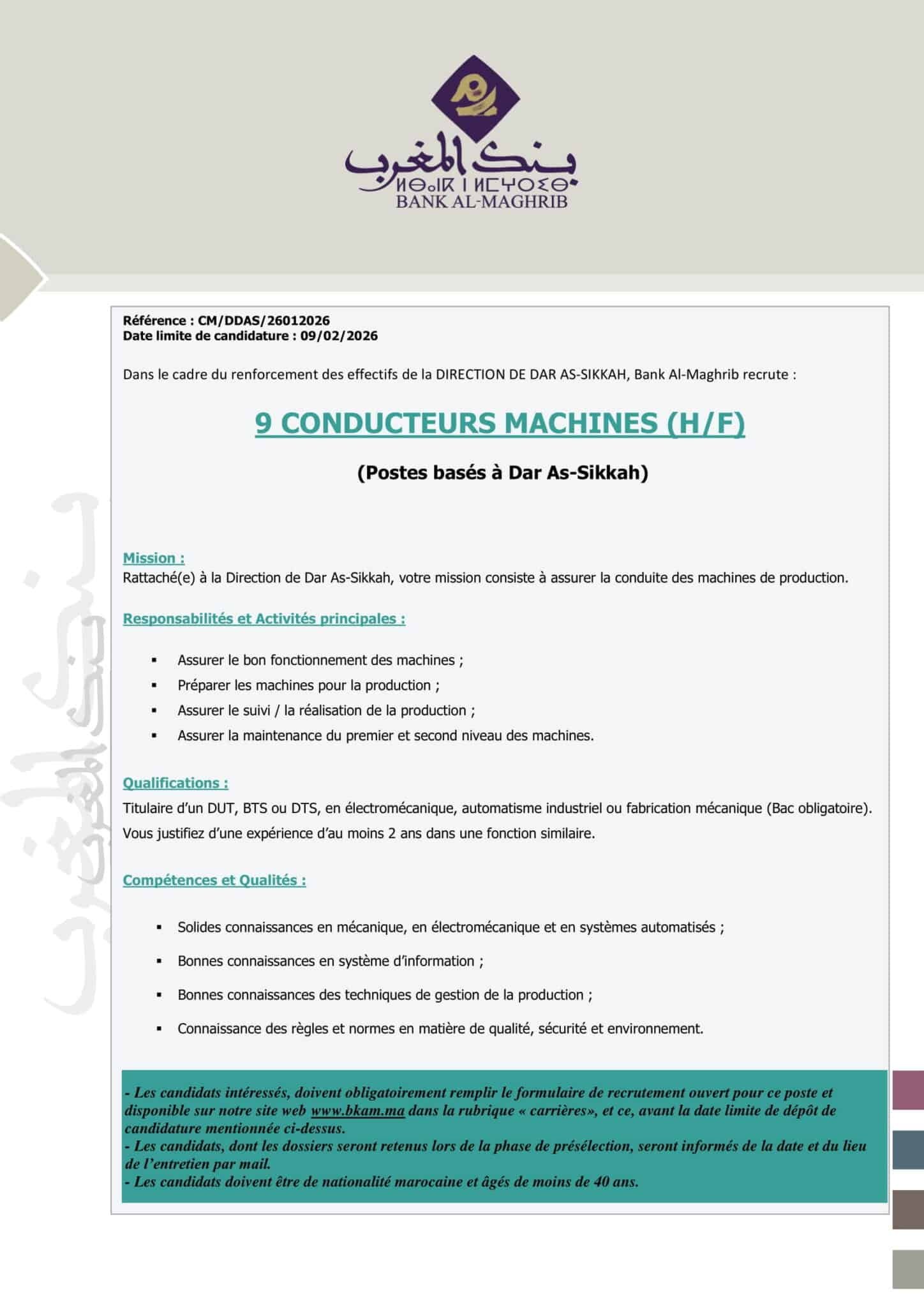 Avis de Concours (9) Conducteurs Machines