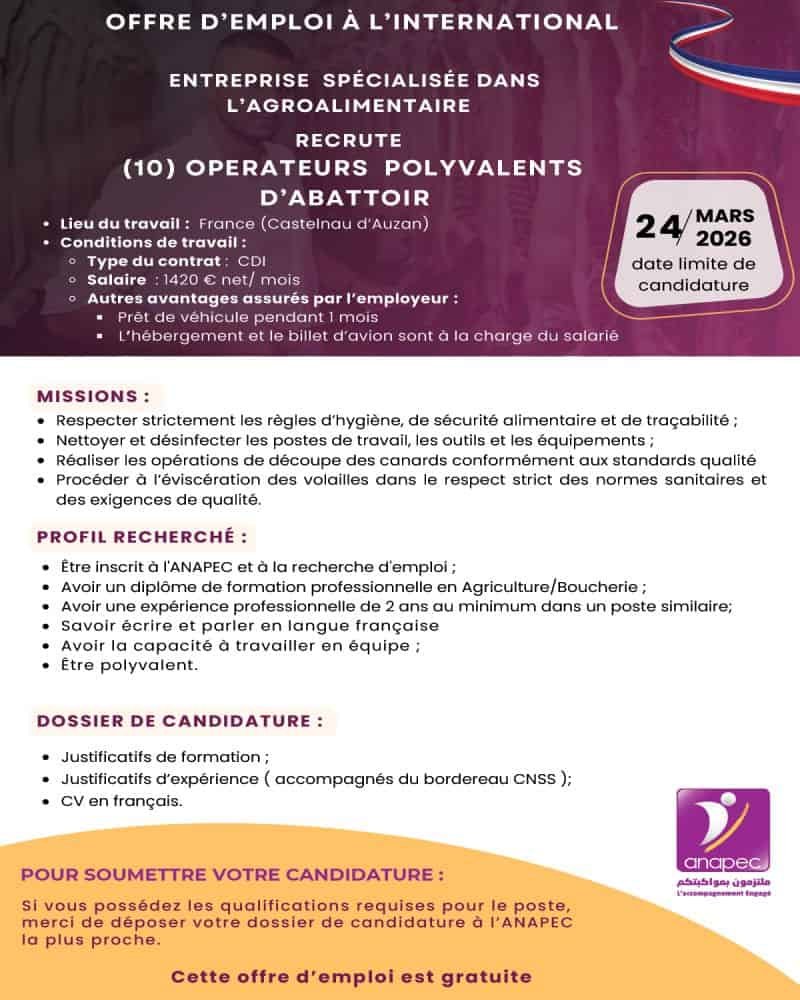 ANAPEC recrute 10 Opérateurs Polyvalents d’Abattoir