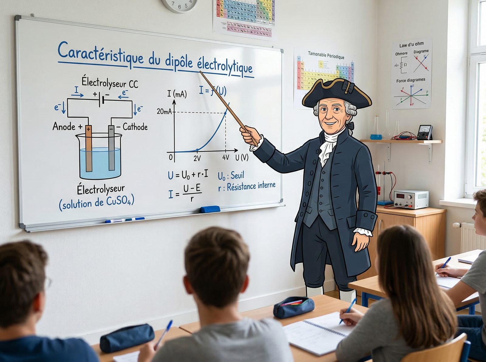 Caractéristique du dipôle électrolytique : seuil de tension, résistance interne et courbe I=f(U).