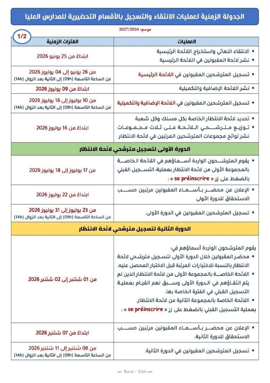 مذكرة الأقسام التحضيرية CPGE 2026 - الصفحة 1